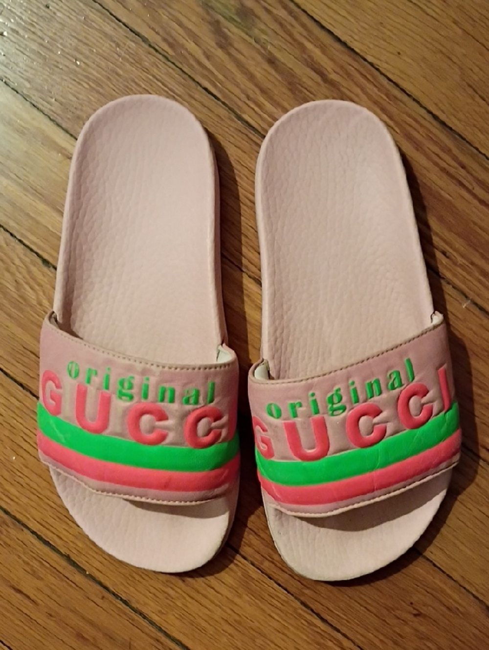 Gucci Pink Slides with Green and Coral Stripes